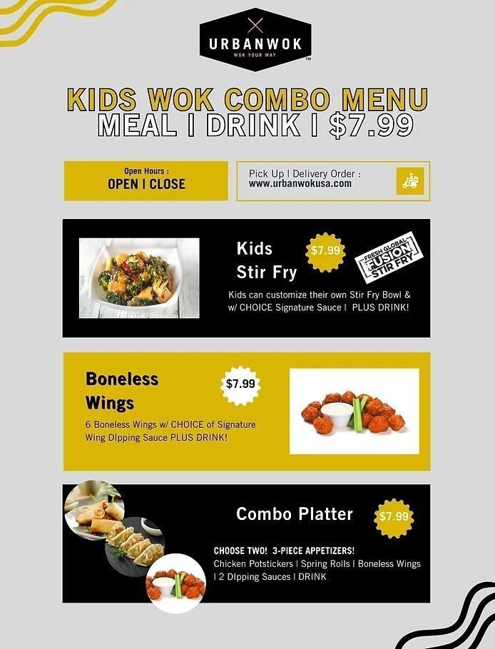 A menu for a restaurant called kids wok combo menu.