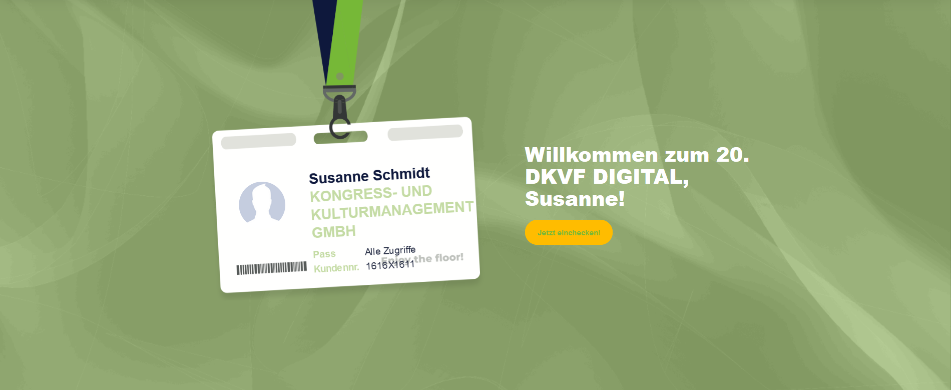 Screenshot virtuelle Veranstaltungsplattform beim DKVF 2021: virtueller Einlass (virtuelles Badge mit Namen)