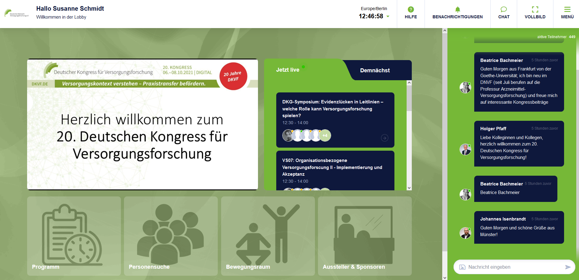 Screenshot virtuelle Veranstaltungsplattform beim DKVF 2021: Lobby