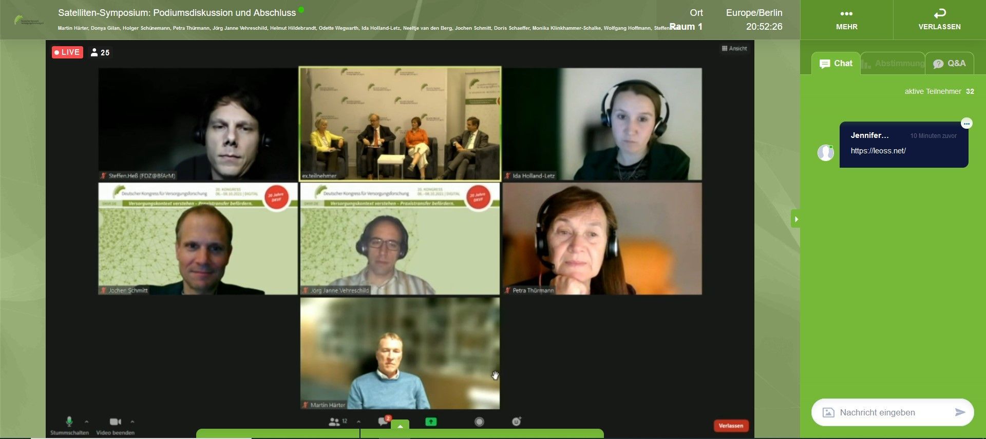 Screenshot virtuelle Veranstaltungsplattform beim DKVF 2021: Podiumsdiskussion mit zugeschaltet Referenten