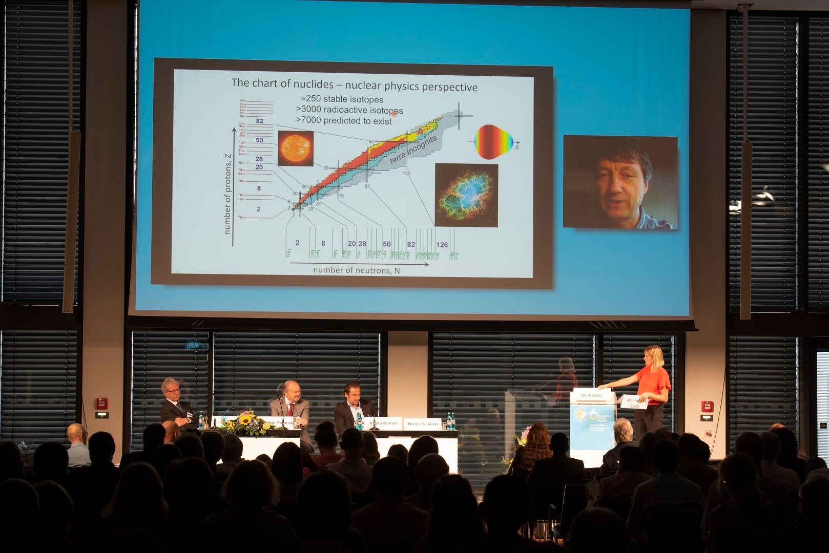 Bühne mit virtueller Zuschaltung eines Referenten beim Theranostics World Congress 2022 in Wiesbaden