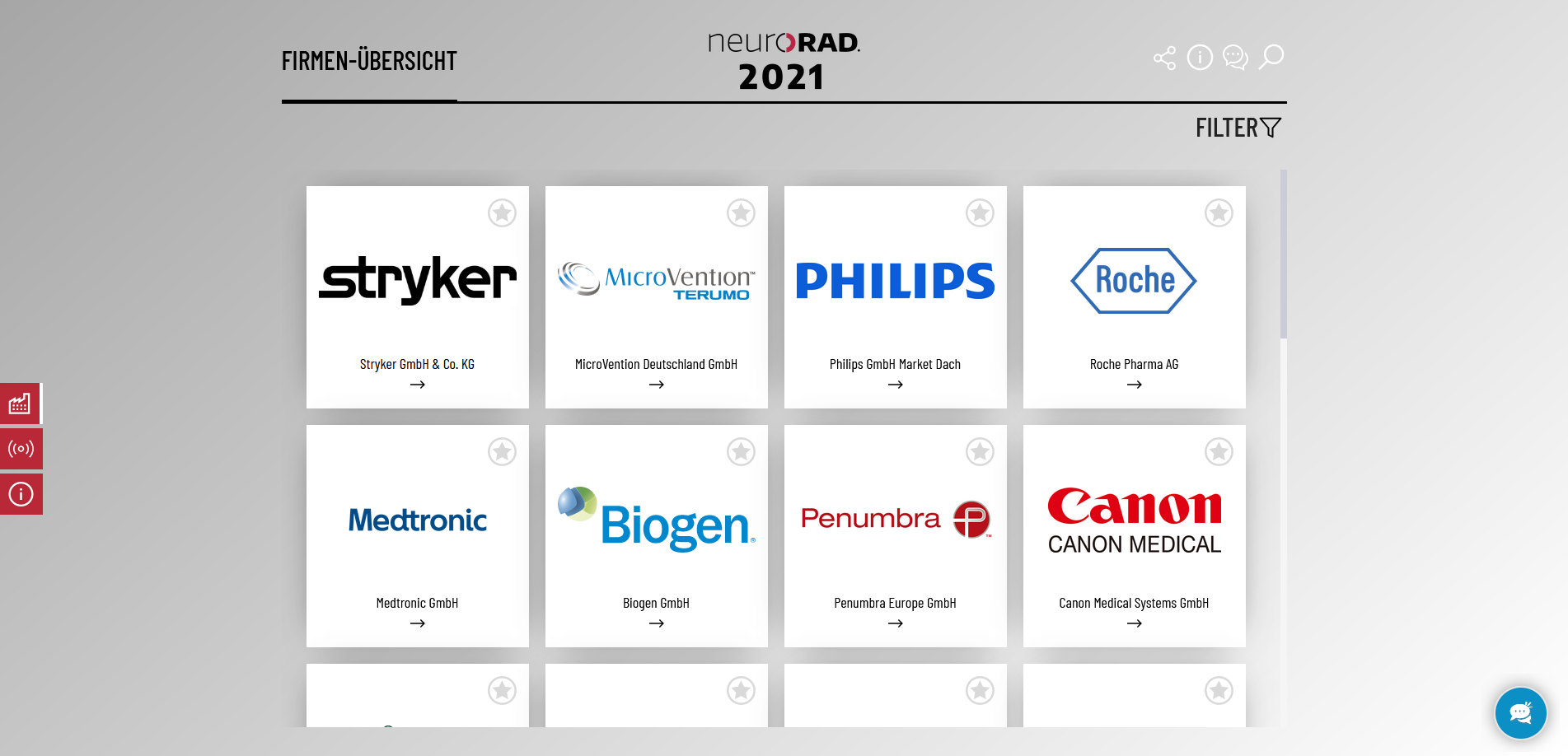 Ausstellerübersicht in der virtuellen Veranstaltungsplattform des neuroRAD 2021