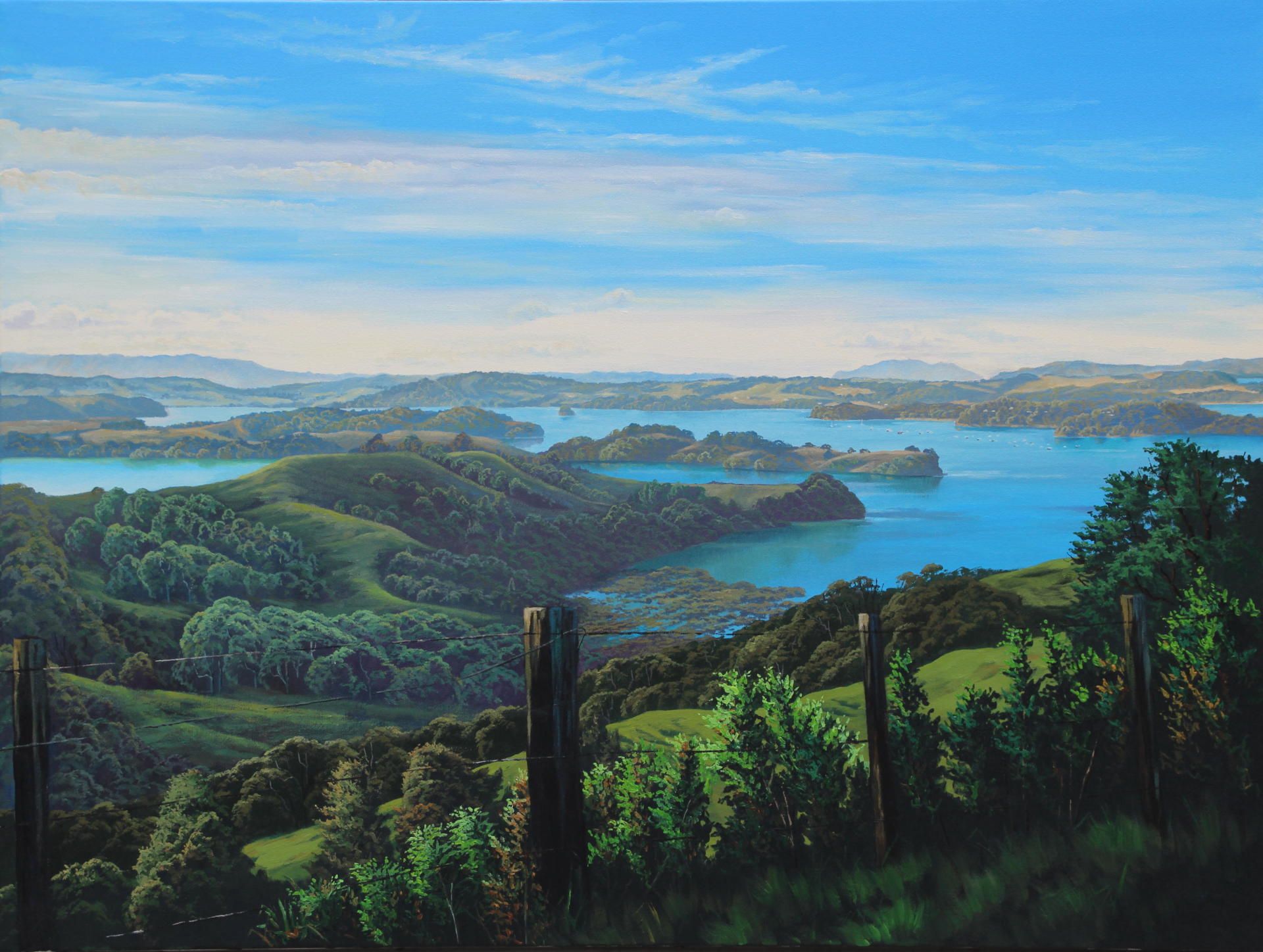 A painting of a lake with a fence in the foreground