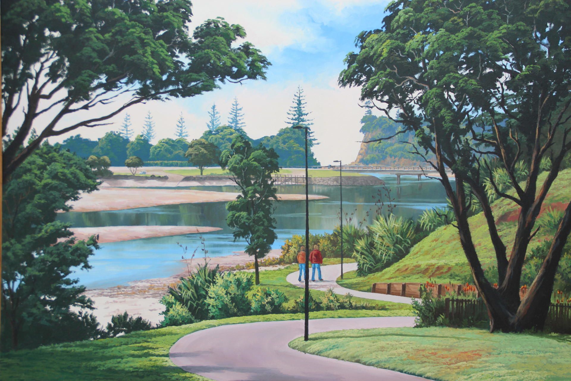 A painting of a couple walking down a path near a lake