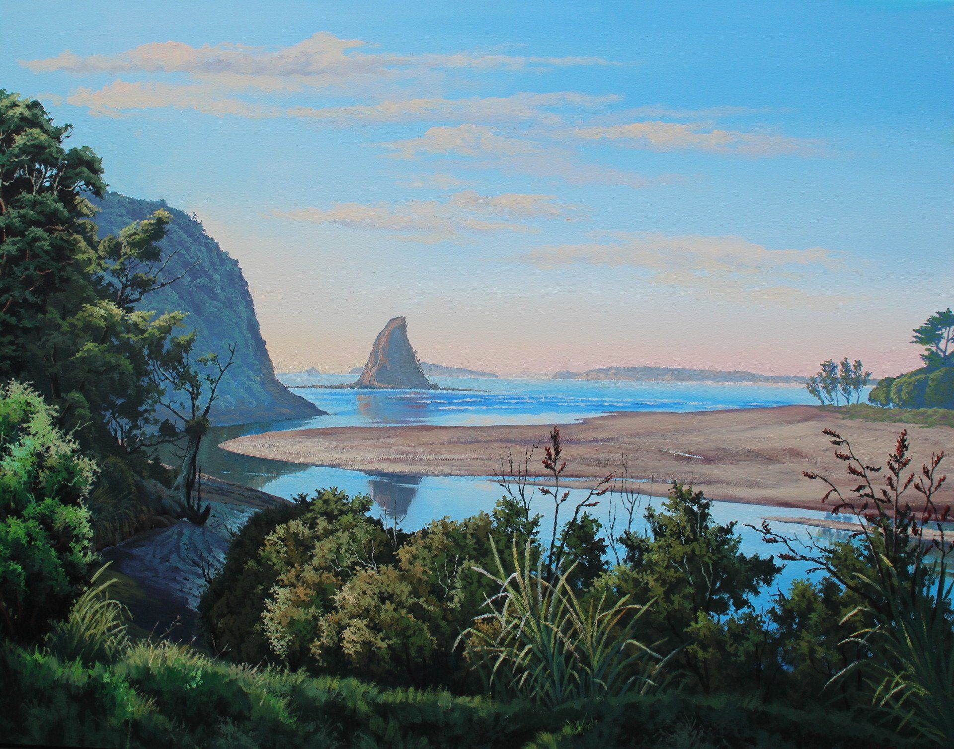 A painting of a body of water with trees in the foreground