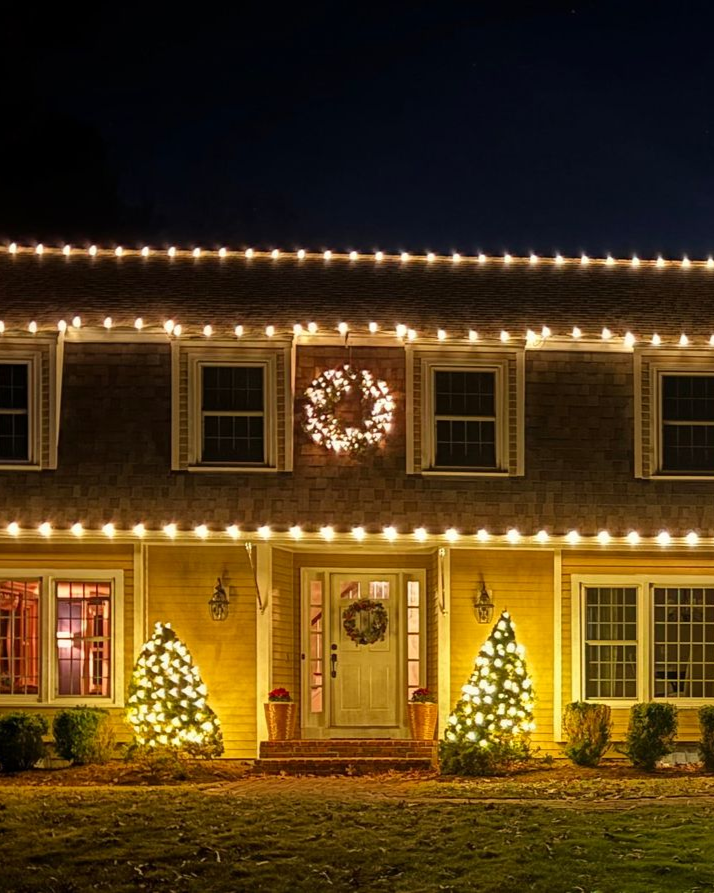 Building roof with golden decorative elements against a light blue sky.