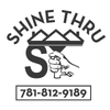 Logo for Shine Thru window cleaning. Features a stylized window, a hand holding a squeegee, and a phone number.