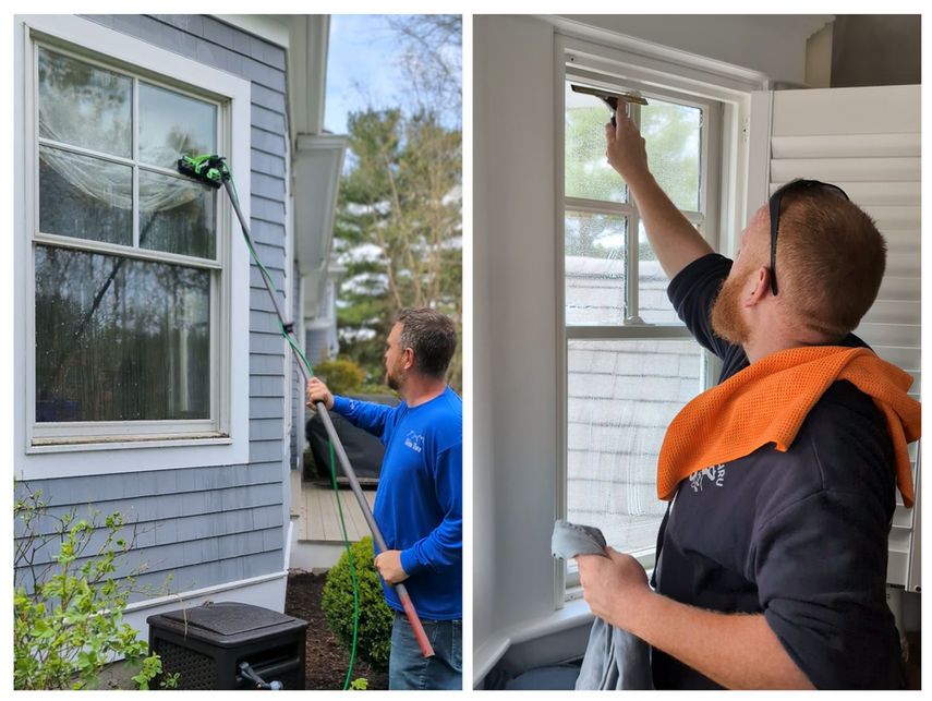 Two views of a man washing windows. Outdoors, he uses a pole tool. Indoors, he uses a squeegee and cloth.