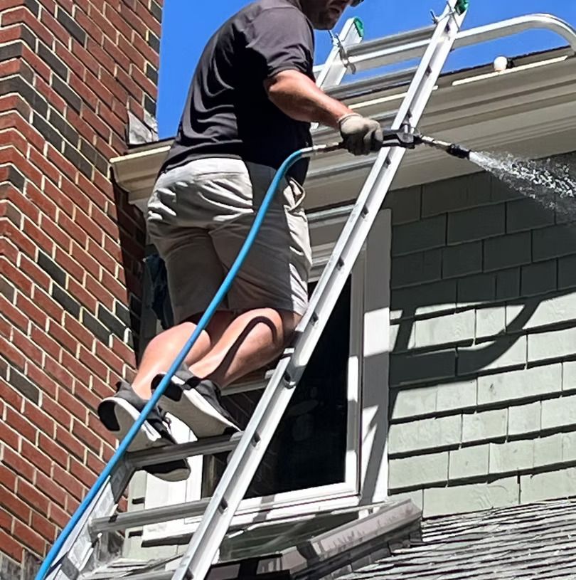 Person on ladder spraying water on a house's siding.