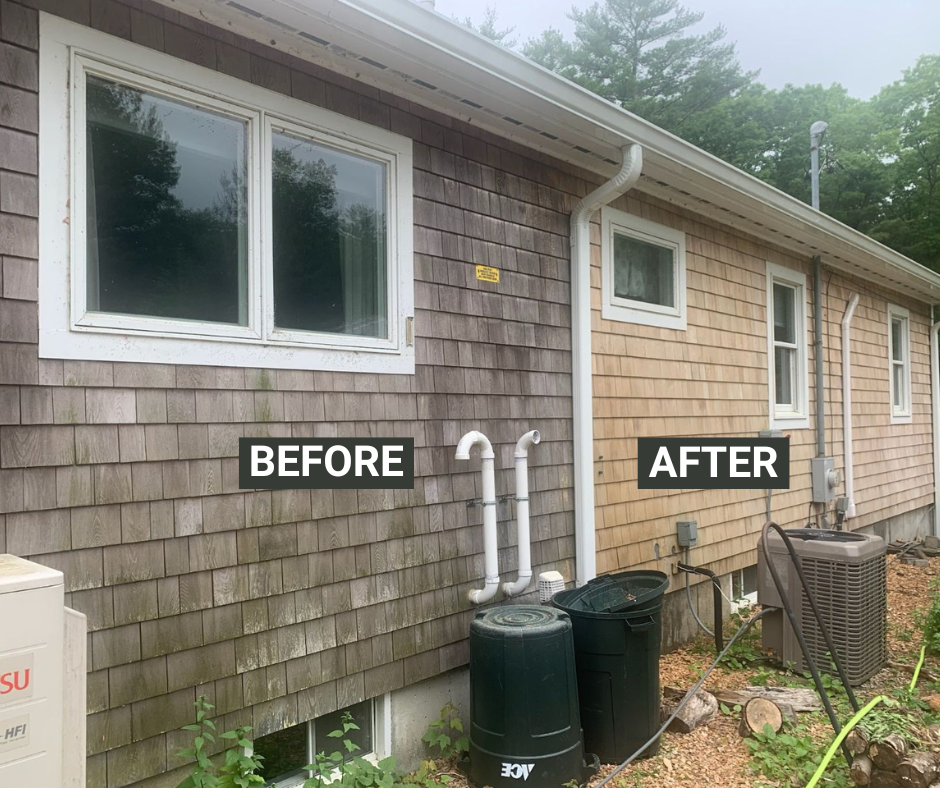 Side of a house before and after cleaning. The left shows dirty cedar shake siding, the right clean.