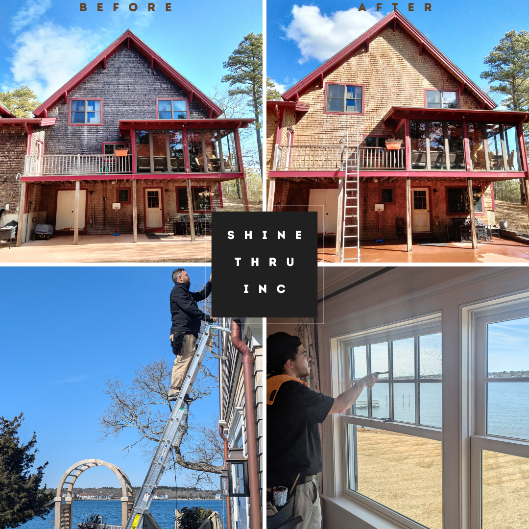 Before/after of house window cleaning; worker cleaning windows, sea view.