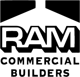 RAM Commercial Builders logo: black and white text with the letters "RAM" above "COMMERCIAL BUILDERS", topped by a stylized roof shape.