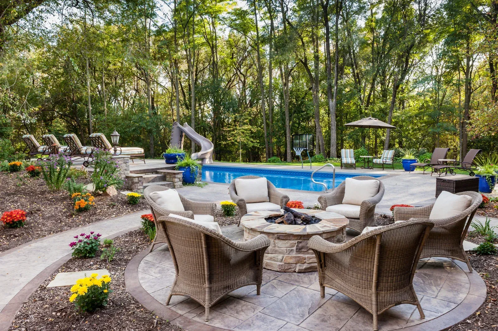 A patio with wicker furniture and a fire pit in front of a swimming pool.