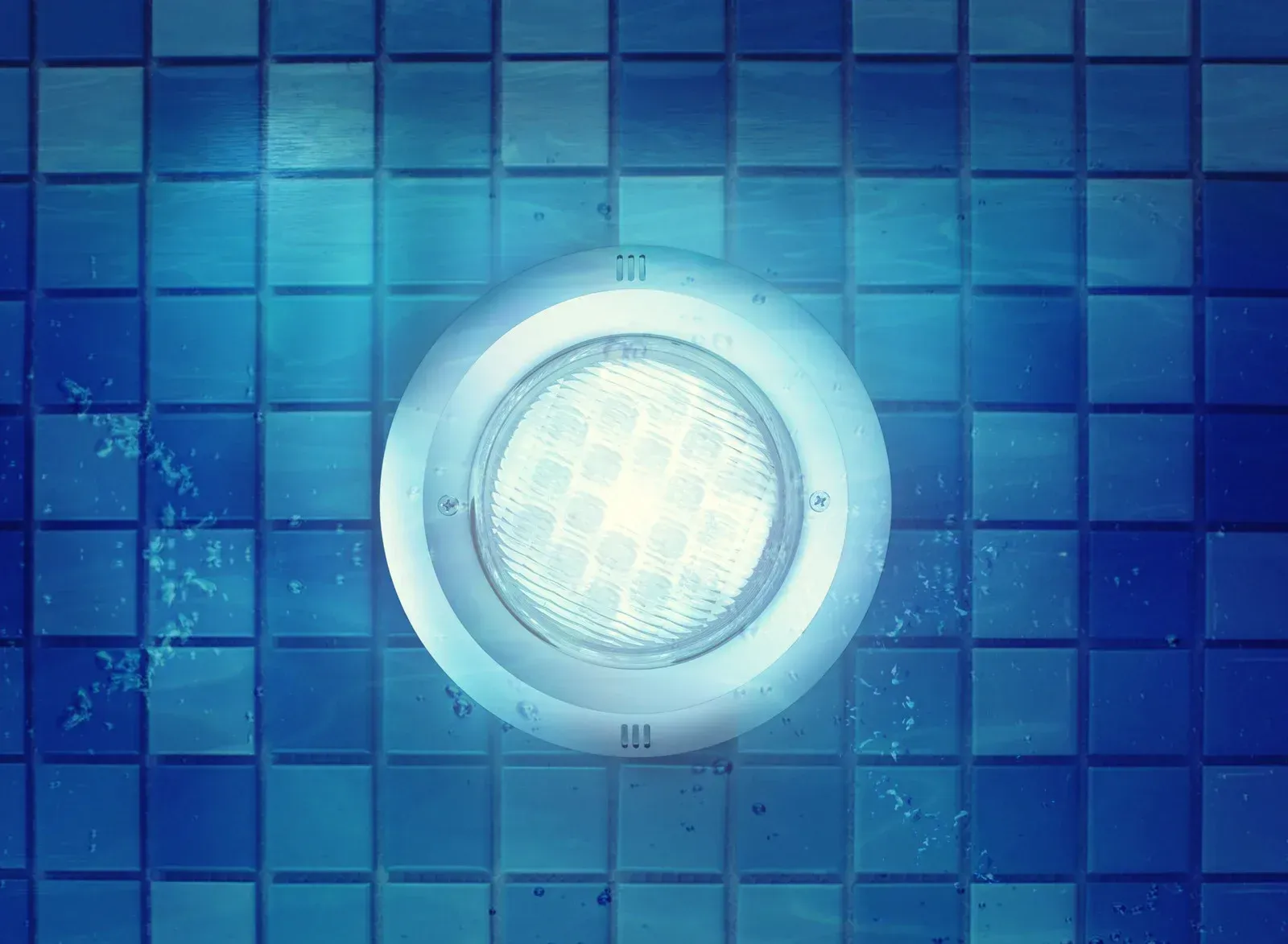 A light is shining in the middle of a swimming pool.