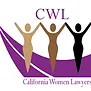 The logo for california women lawyers shows three women standing next to each other holding hands.
