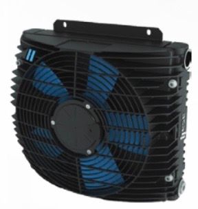 a black fan with blue blades on a white background 