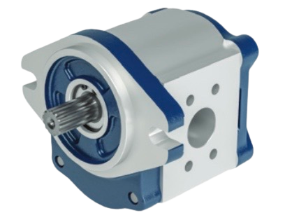a close up of a blue and white hydraulic pump on a white background .
