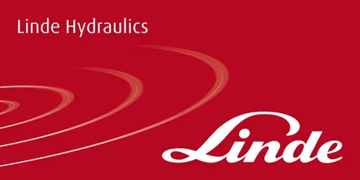 a red and white logo for linde hydraulics