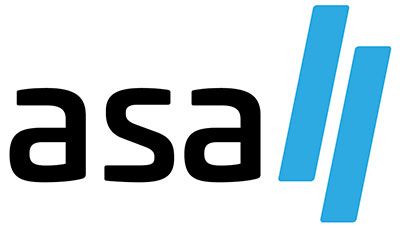 the asa logo is black and blue on a white background 
