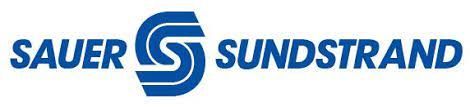 the sauer sundstrand logo is blue and white on a white background .