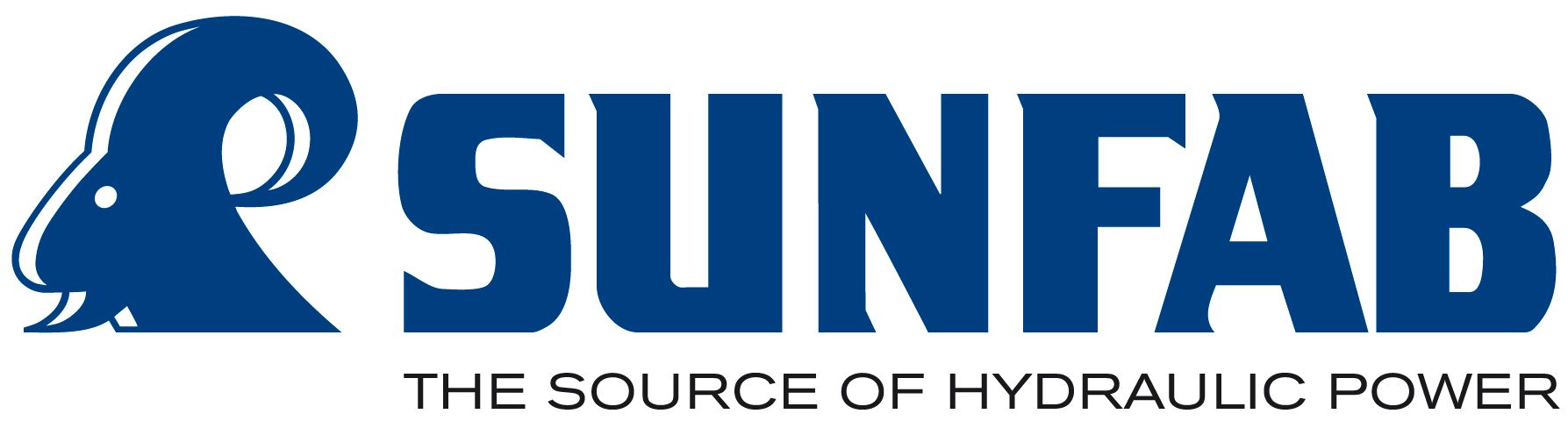 a blue and white logo for sunfab the source of hydraulic power