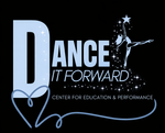 Logo for Dance It Forward, featuring light blue text on black:
