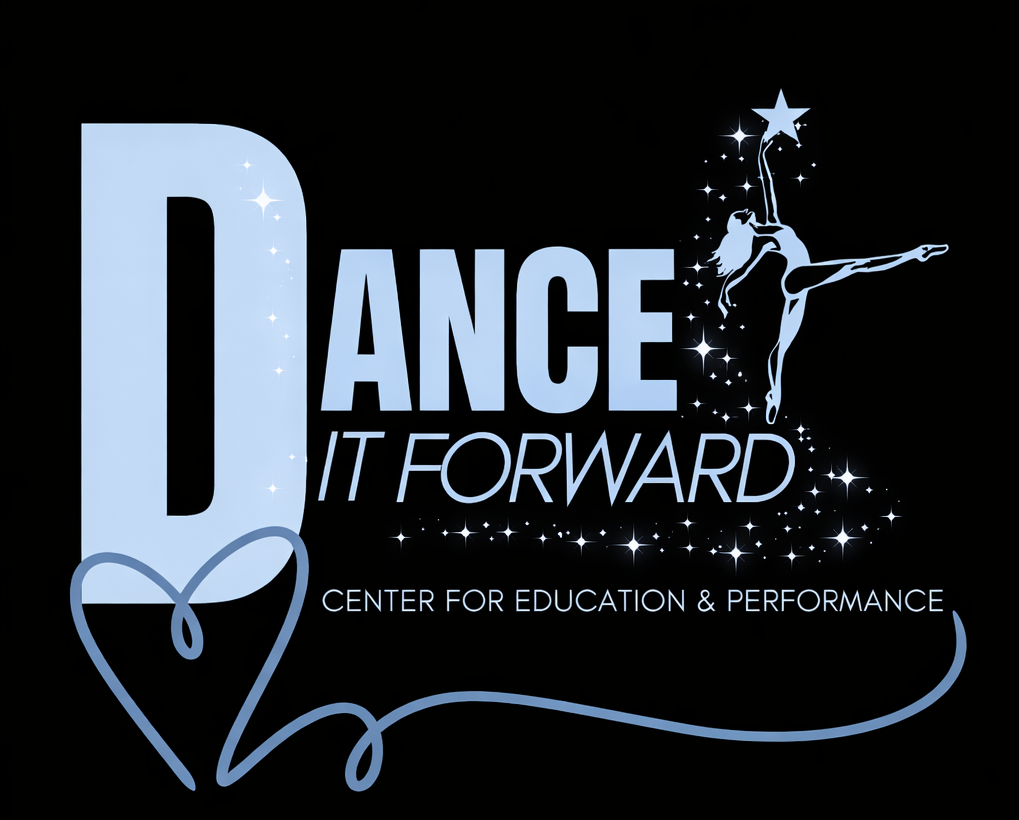 Logo for Dance It Forward, featuring light blue text on black: 