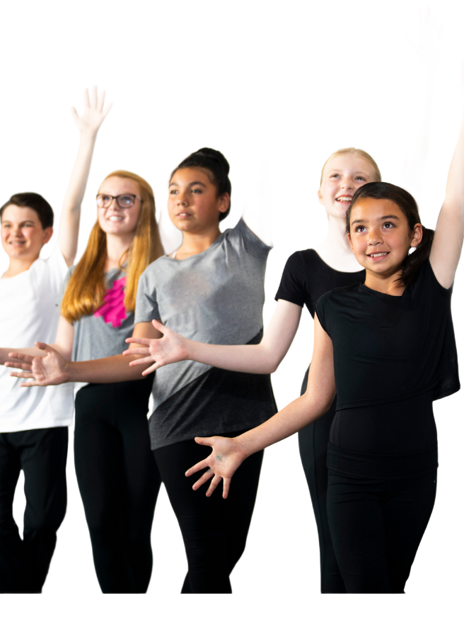 Group of young people with arms raised, smiling. They wear various tops, mostly black pants, against a white background.