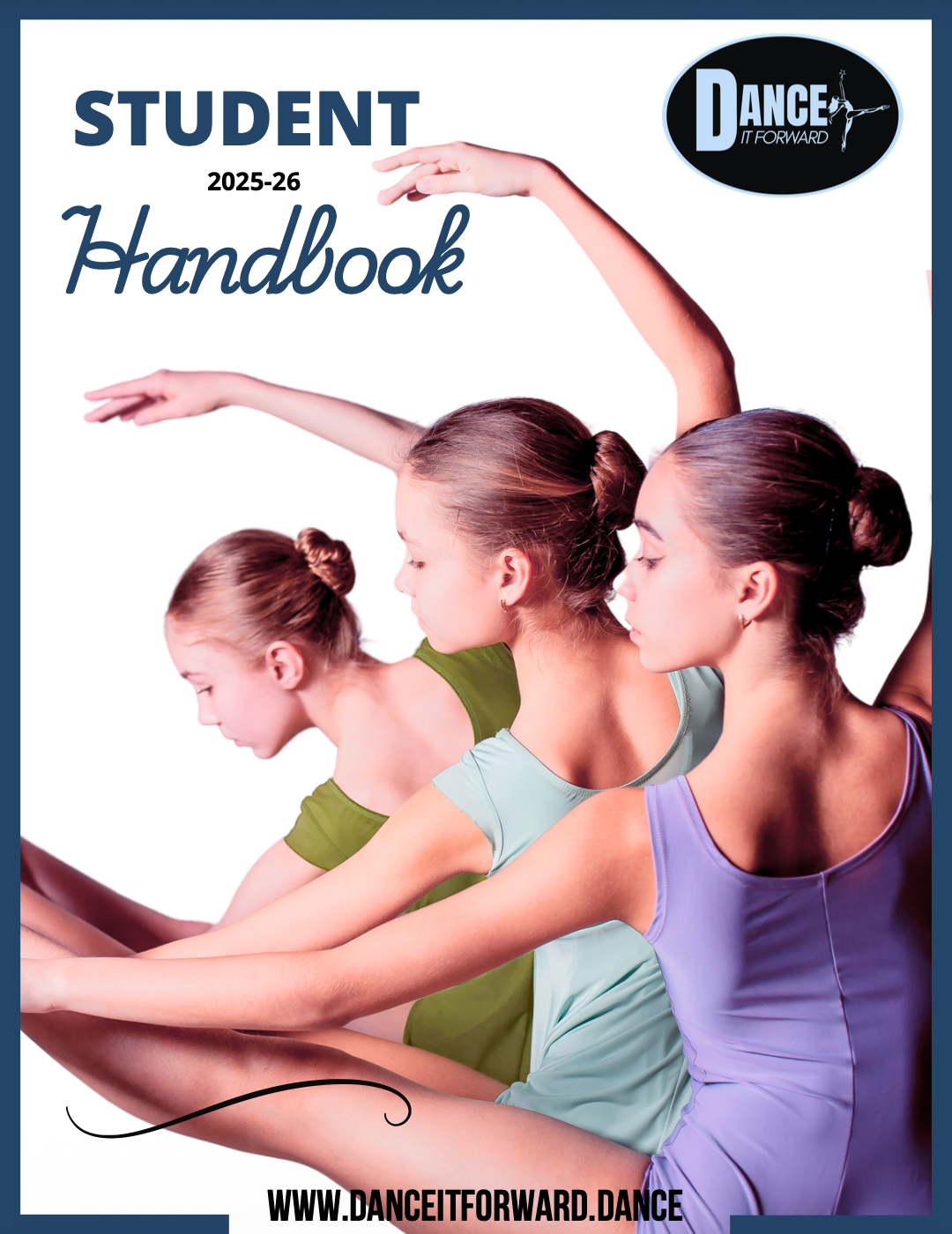 Cover of a student handbook. Dancers in leotards are positioned gracefully. Handbook title and logo on the front.