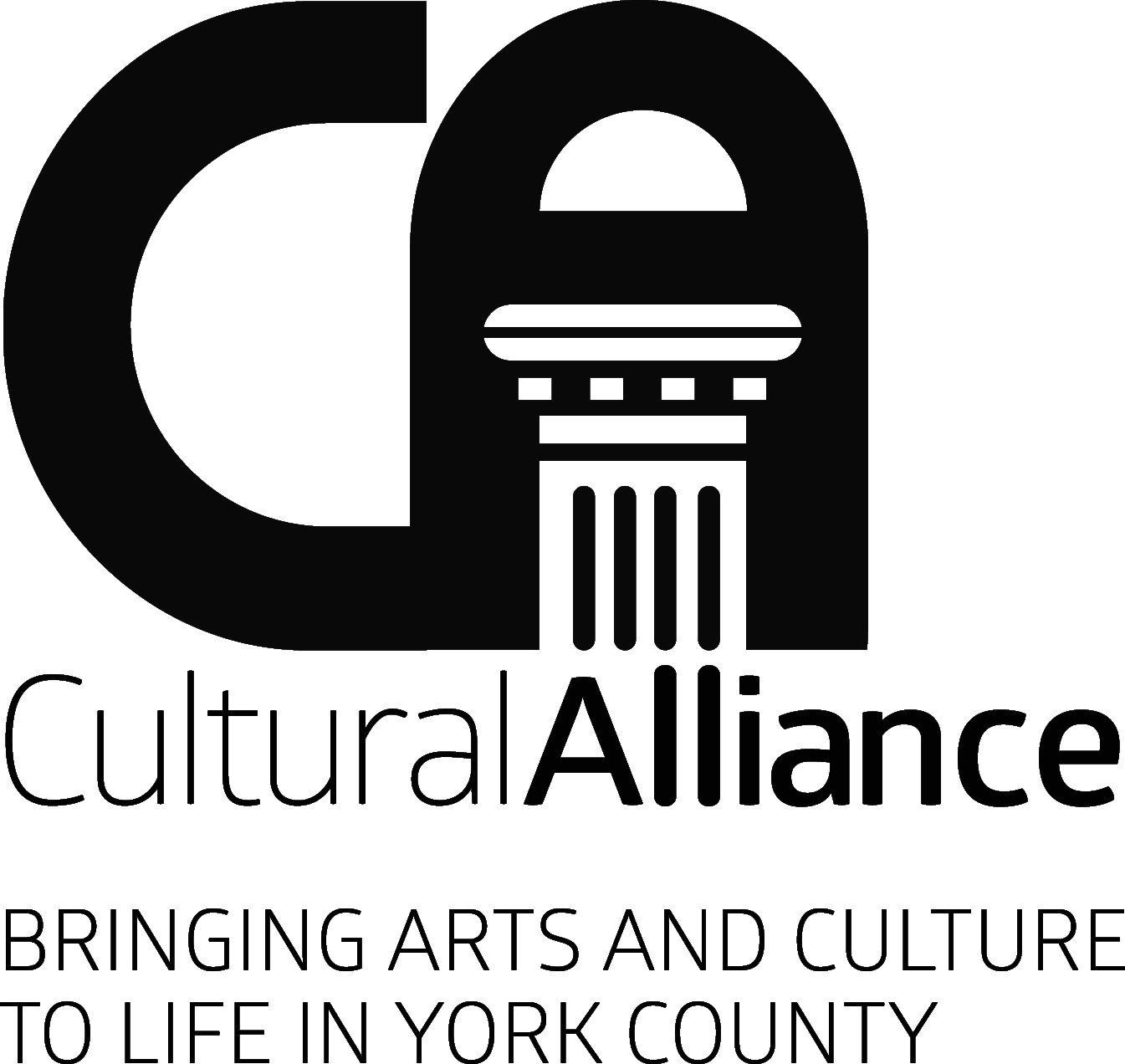 The cultural alliance logo is black and white and says `` bringing arts and culture to life in york county ''.