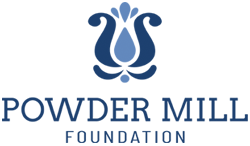 The logo for the powder mill foundation is a blue flower with a drop of water on it.