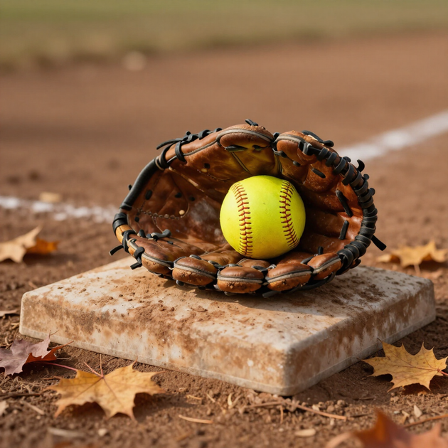 Baseball glove with ball on green grass, with blurred baseballs in the background.