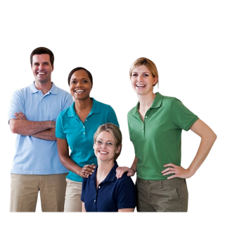 Four people in colored polo shirts smile and stand together against a white background.