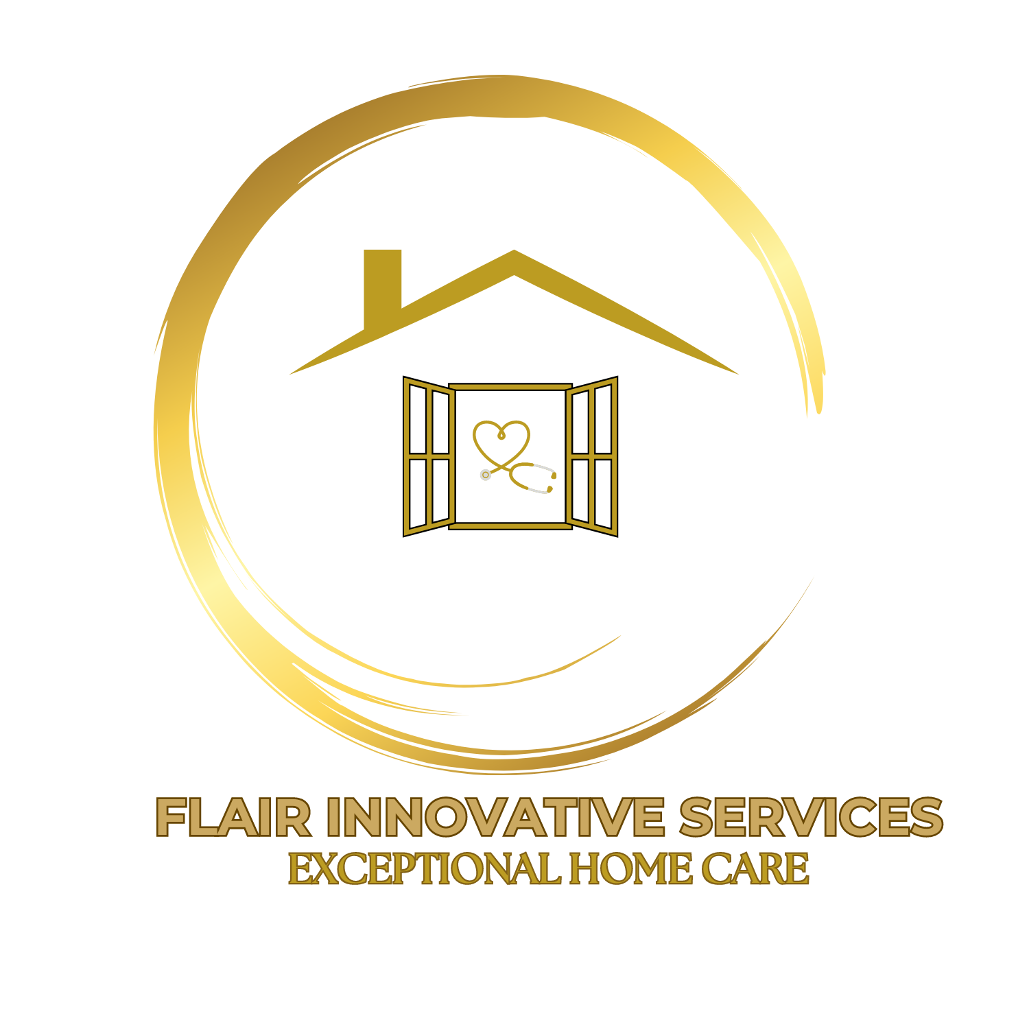 A gold logo with a house outline and a window containing a heart and stethoscope, above the text