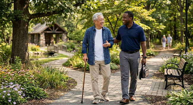 Two people walk together on a garden path, smiling and talking, with a stone structure and benches in the background.