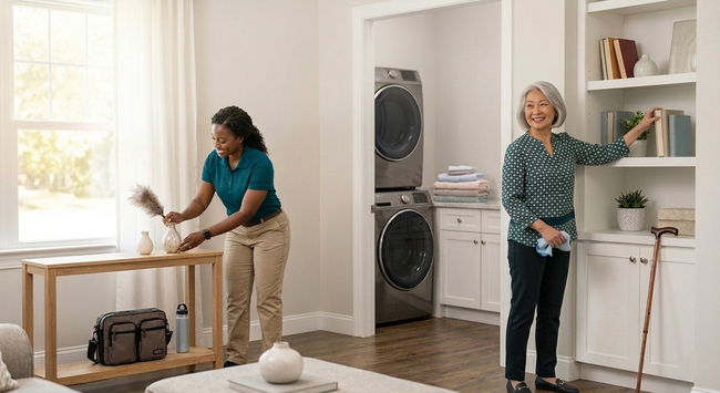 A cleaner dusts a wooden table while an older person organizes a bookshelf in a bright, modern laundry room setting.
