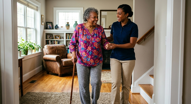 A caregiver assists an individual walking with a cane inside a home, both smiling and looking toward each other.