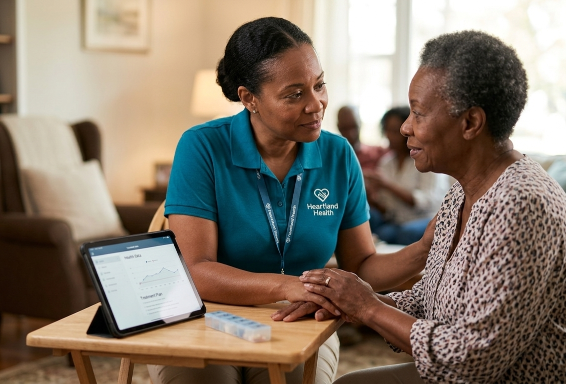 A caregiver in a teal polo shirt sits with an older individual, holding their hands while looking at a digital tablet.