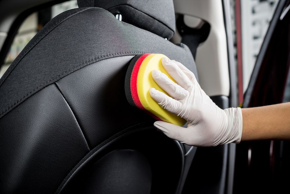 Gloved Hand Cleaning a Black Car Seat With a Yellow and Red Sponge — TrueGloss Elite Coatings In Wyong, NSW