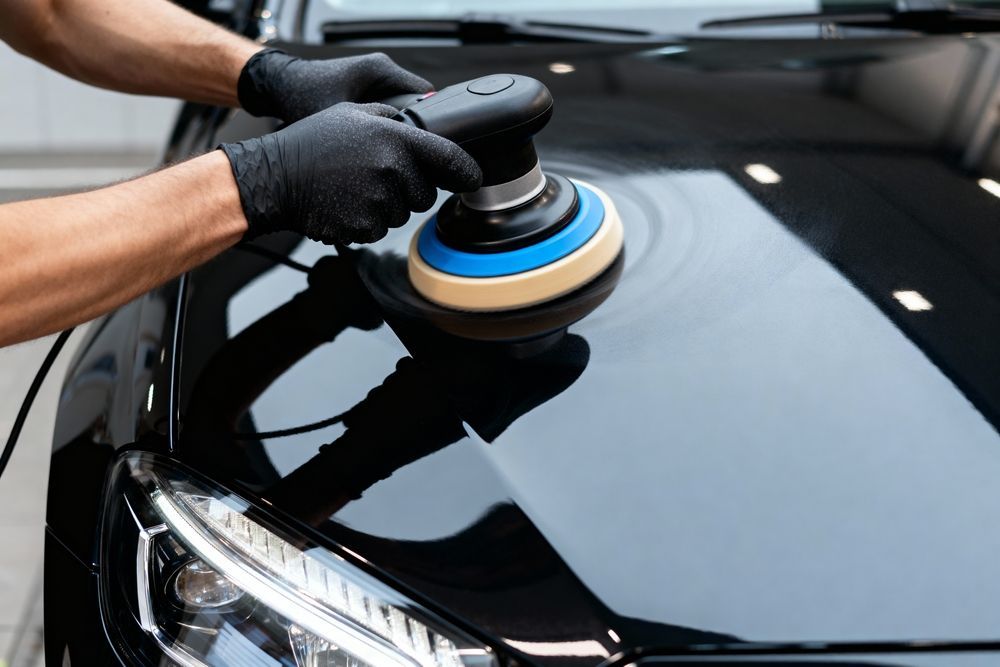 A worker wearing black gloves uses a power polisher on the shiny black  — TrueGloss Elite Coatings In Wyong, NSW