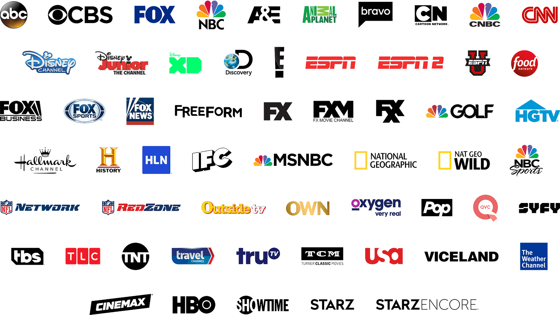 A list of television channels including cbs fox nbc and cnn