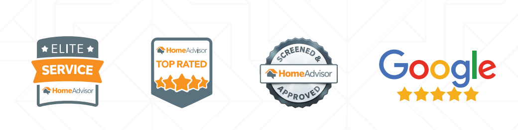 HomeAdvisor Elite Service, Top Rated, and Screened & Approved badges alongside a 5-star Google rating, indicating high customer satisfaction and credibility