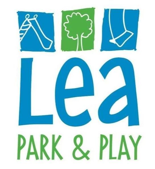 A blue and green logo for lea park & play