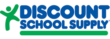The discount school supply logo is blue and green with a person in the middle.