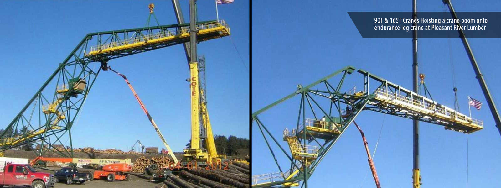 90T & 165T Cranes Hoisting a Crane Boom at Pleasant River Lumber