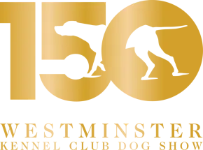 Gold logo for the Westminster Kennel Club Dog Show's 150th anniversary, featuring silhouettes of dogs within the numbers.