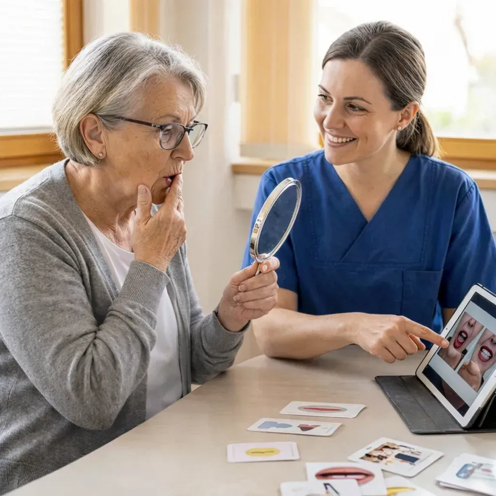 Thérapeute avec un enfant à une table, utilisant des lettres colorées. Salle lumineuse, sourires, livres en arrière-plan.