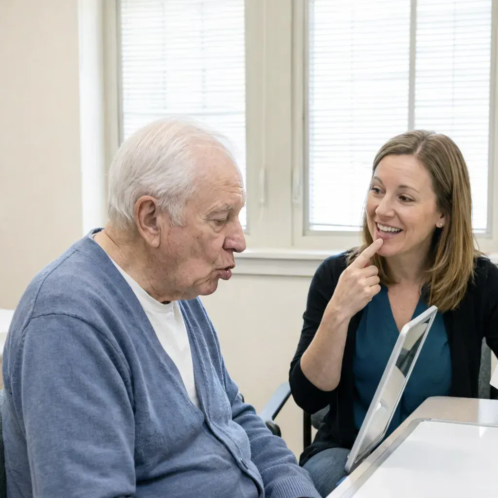 Une femme montre les formes de la bouche à un enfant lors d'une séance de thérapie.