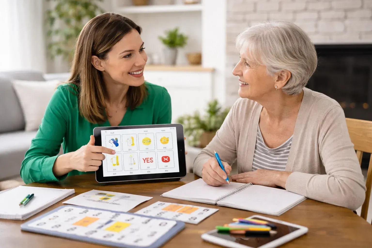 Une femme thérapeute portant des lunettes sourit à une jeune fille assise à une table avec des lettres colorées et un cahier d'exercices.