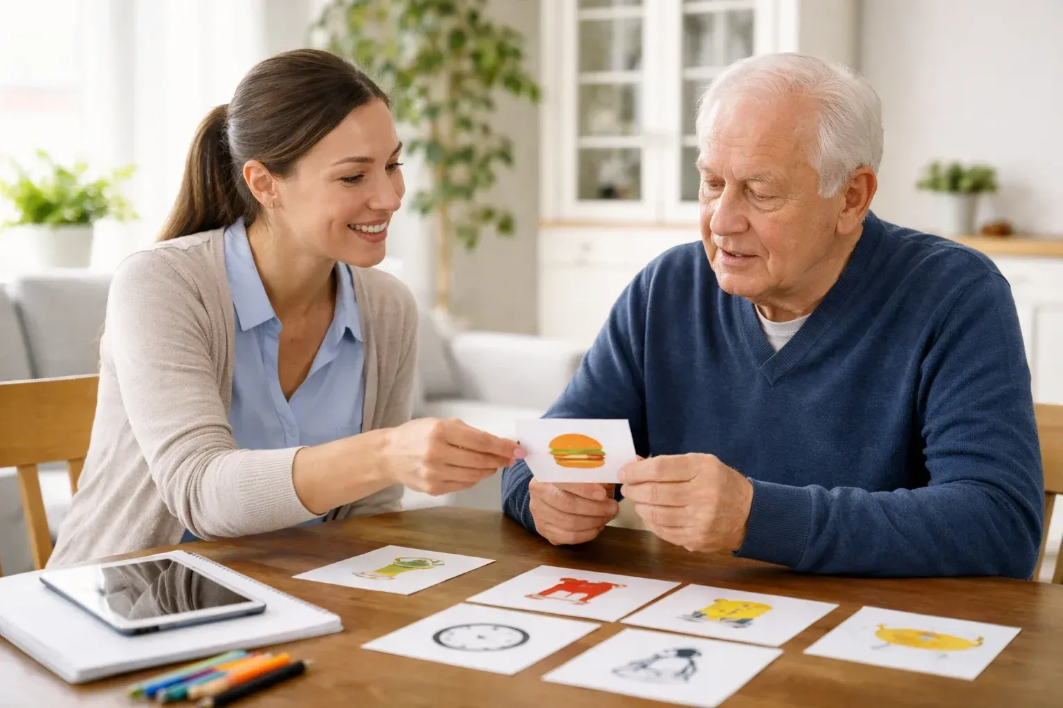 Une orthophoniste travaille avec un jeune enfant à une table. Une femme blonde fait un geste du doigt, tandis que l'enfant la regarde.